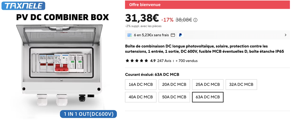 Boîte de combinaison DC longue photovoltaïque, solaire, protection contre les surtensions, 1 entrée, 1 sortie, DC 600V, fusible MCB éventuelles D, boîte étanche IP65