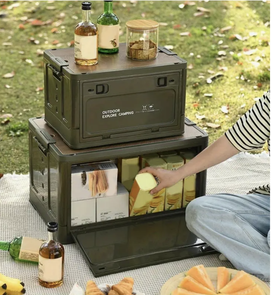 Boîte de rangement étanche pour camping avec couvercle en simuli bois 
