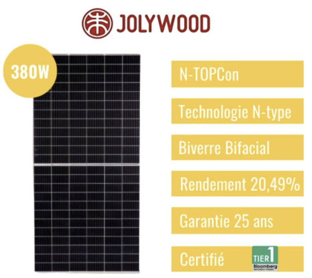 Panneau solaire JOLYWOOD 380W Cadre silver Bifacial Biverre NtypeJW-HD120N 380W, diego 