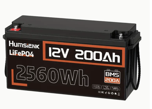 Batterie Lithium Fer Phosphate HumSienk 12V 200Ah avec 2560Wh d'énergie max. 1280W de puissance de charge BMS 100A 