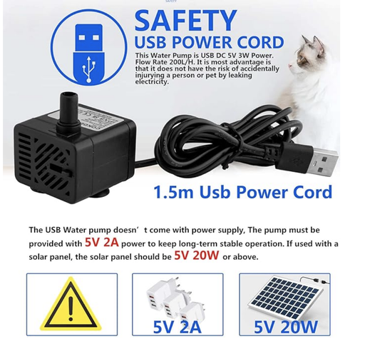 Mini pompe à eau submersible USB (DC 5 V 1-3 W 200 L/H) réglable ultra silencieuse petite pompe à eau pour animaux de compagnie, aquarium, étang, hydroponie, intérieur ou extérieur
