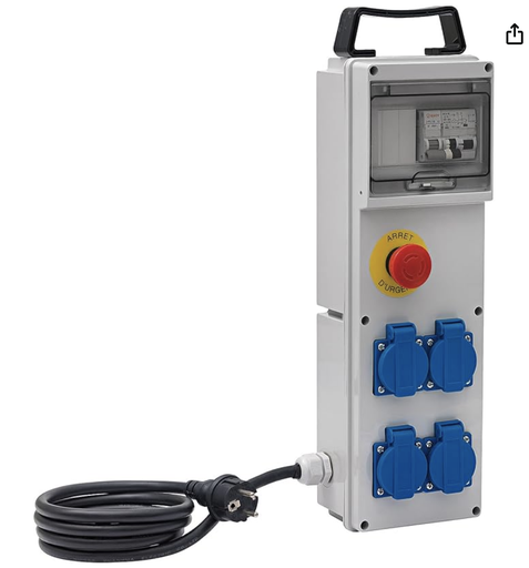 Coffret de Chantier BD 4M/16/AU, avec 4 Prises à clapet et 2m de câble (IP44, disjoncteur différentiel, Bouton d'arrêt d'urgence) 1154911 Gris Brennenstuhl 