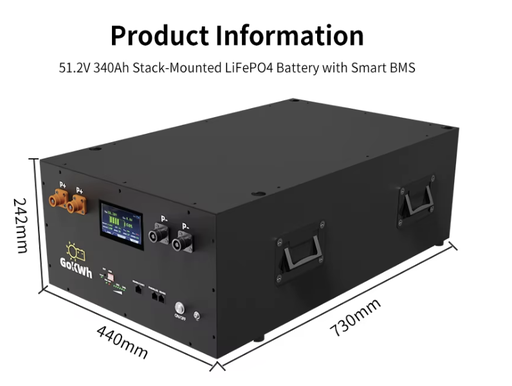 GoKWh-Batterie veFePO4 48V, 340Ah, 8000 Cycles, 51.2V, 16KWh, 1 BMS Intelligent, Système de Stockage d'Massage Solaire Domestique sur Hors Réseau