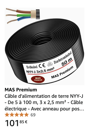 , 3 x 2,5 mm² - Câble électrique - Avec anneau pour pose en extérieur, en sous-sol (50 m)Câble électrique d'alimentation de terre NYY-J - 50 m