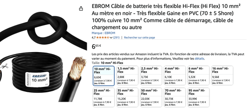 Câble de batterie très flexible Hi-Flex (Hi Flex) 10 mm² Au mètre en noir - Très flexible Gaine en PVC (70 ± 5 Shore) 100% cuivre 10 mm²  à 95 mm2 Comme câble de démarrage, câble de chargement ou autre EBROM 