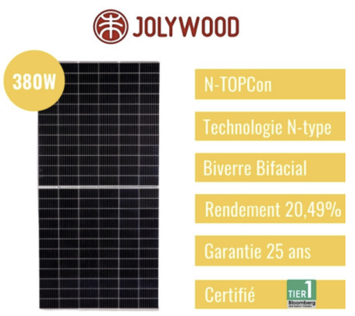 Panneau solaire JOLYWOOD 380W Cadre silver Bifacial Biverre NtypeJW-HD120N 380W, diego 