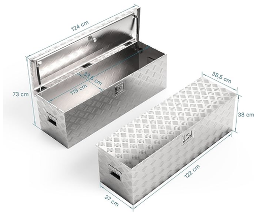 WilTec Caisse à Outils en Aluminium – 124 x 37 x 38 cm – 170 litres – Boîte à Outils alu ondulé – Vérins à gaz, poignées – Transport Rangement