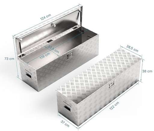 Malle Métallitic WilTec Caisse à Outils en Aluminium – 124 x 37 x 38 cm – 170 litres – Boîte à Outils alu ondulé – Vérins à gaz, poignées – Transport Rangement
